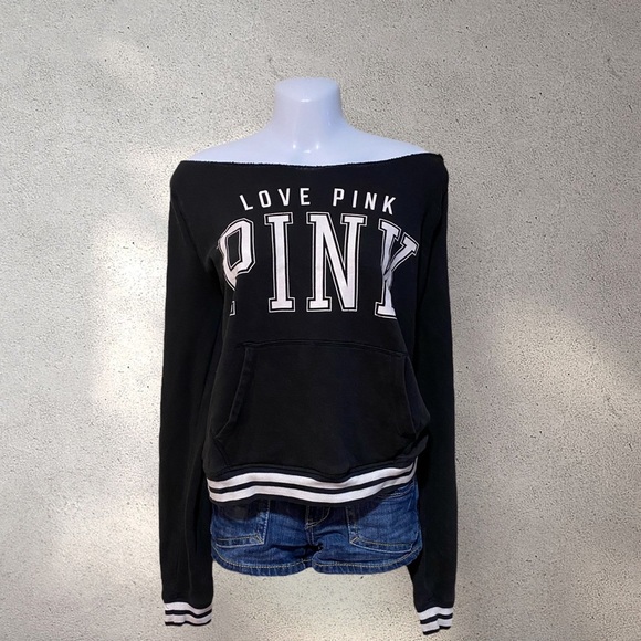 !! SOLD !! PINK Black Off The Shoulder Sweatshirt - Picture 1 of 2